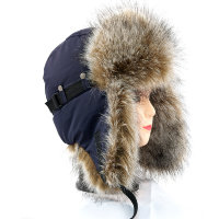 Синяя шапка ушанка для юноши, мех Енот финский