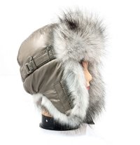Шапка ушанка для девушки Хаки блестящая мех Песец