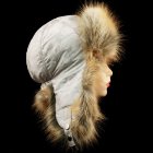 Шапка ушанка женская, Бежевая плащёвка с рисунком, мех Лиса