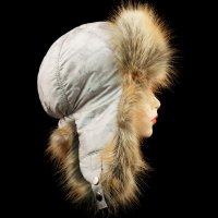 Шапка ушанка женская, Бежевая плащёвка с рисунком, мех Лиса