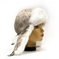 Шапка ушанка женская, Бежевая плащёвка с рисунком, мех Кролик белый