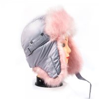 Серая блестящая шапка ушанка для девушки мех Розовый мех