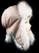 Шапка ушанка женская, Бежевая-блестящая плащёвка, мех Песец - Shapka_ushanka_jenskaya_plashevka_Bejevaya_s_risunkom_meh_Pesec.jpg