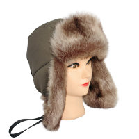 Хлопковая шапка ушанка для юноши Оксфорд хаки, мех Шиншилла