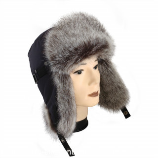 Ушанка мужская, Синяя, мех Волк светлый
