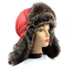 Шапка ушанка женская, Красная плащёвка, мех Волк