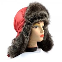 Шапка ушанка женская, Красная плащёвка, мех Волк