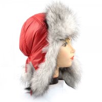 Шапка ушанка женская, Красная плащёвка, мех Песец