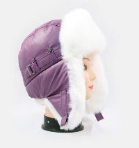 Сиреневая шапка ушанка для девушки мех Кролик белый