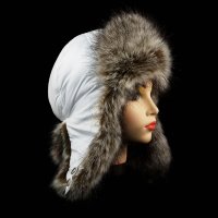 Шапка ушанка женская, Белая плащёвка, мех Енот финский