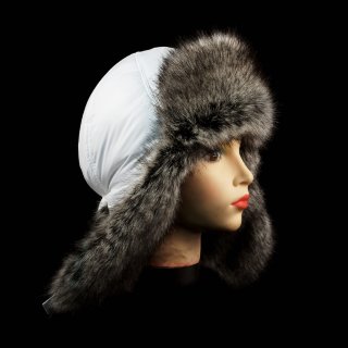 Шапка ушанка женская, Белая плащёвка, мех Волк