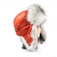 Шапка ушанка для девушки, Плащевка Терракот блестящий, мех Песец